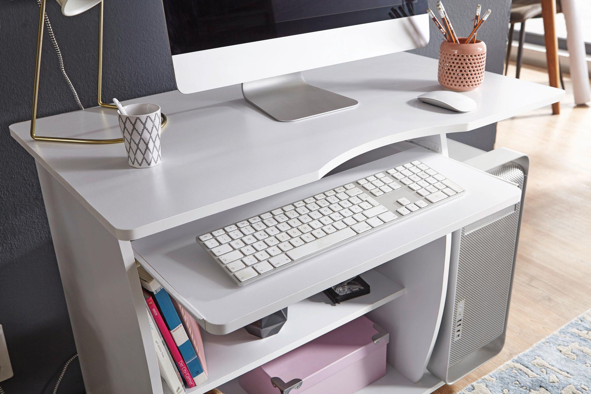 Mesa de Ordenador DUKE, bandeja para teclado y ruedas, en blanco